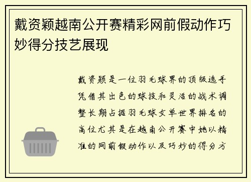戴资颖越南公开赛精彩网前假动作巧妙得分技艺展现