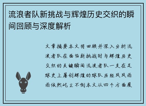 流浪者队新挑战与辉煌历史交织的瞬间回顾与深度解析