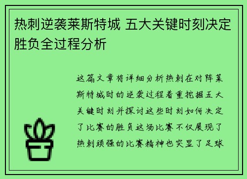 热刺逆袭莱斯特城 五大关键时刻决定胜负全过程分析