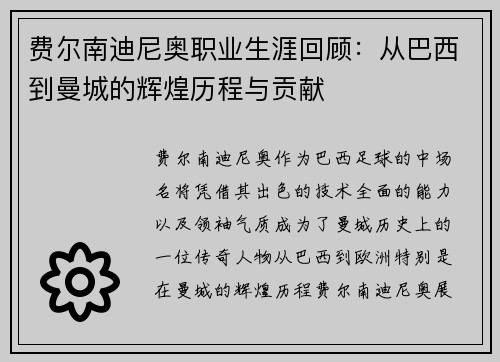 费尔南迪尼奥职业生涯回顾：从巴西到曼城的辉煌历程与贡献