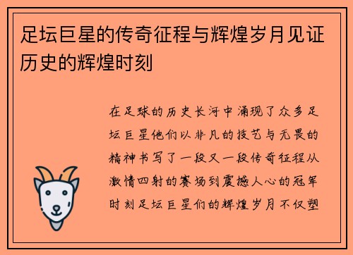 足坛巨星的传奇征程与辉煌岁月见证历史的辉煌时刻